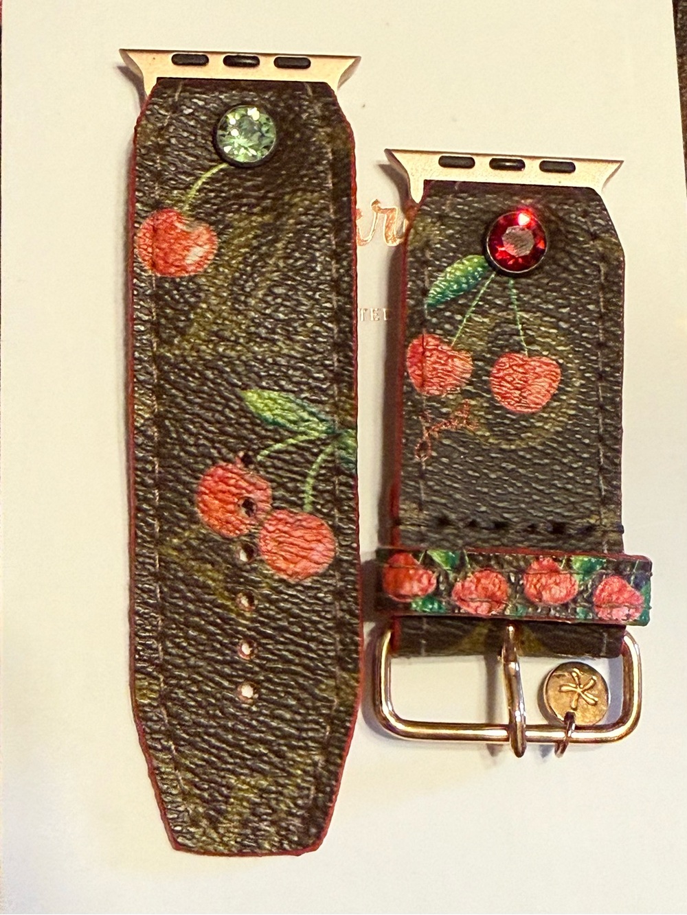Spark*l bands - Cherry Print on LV Watch Band - Green/Red Crystal Accents